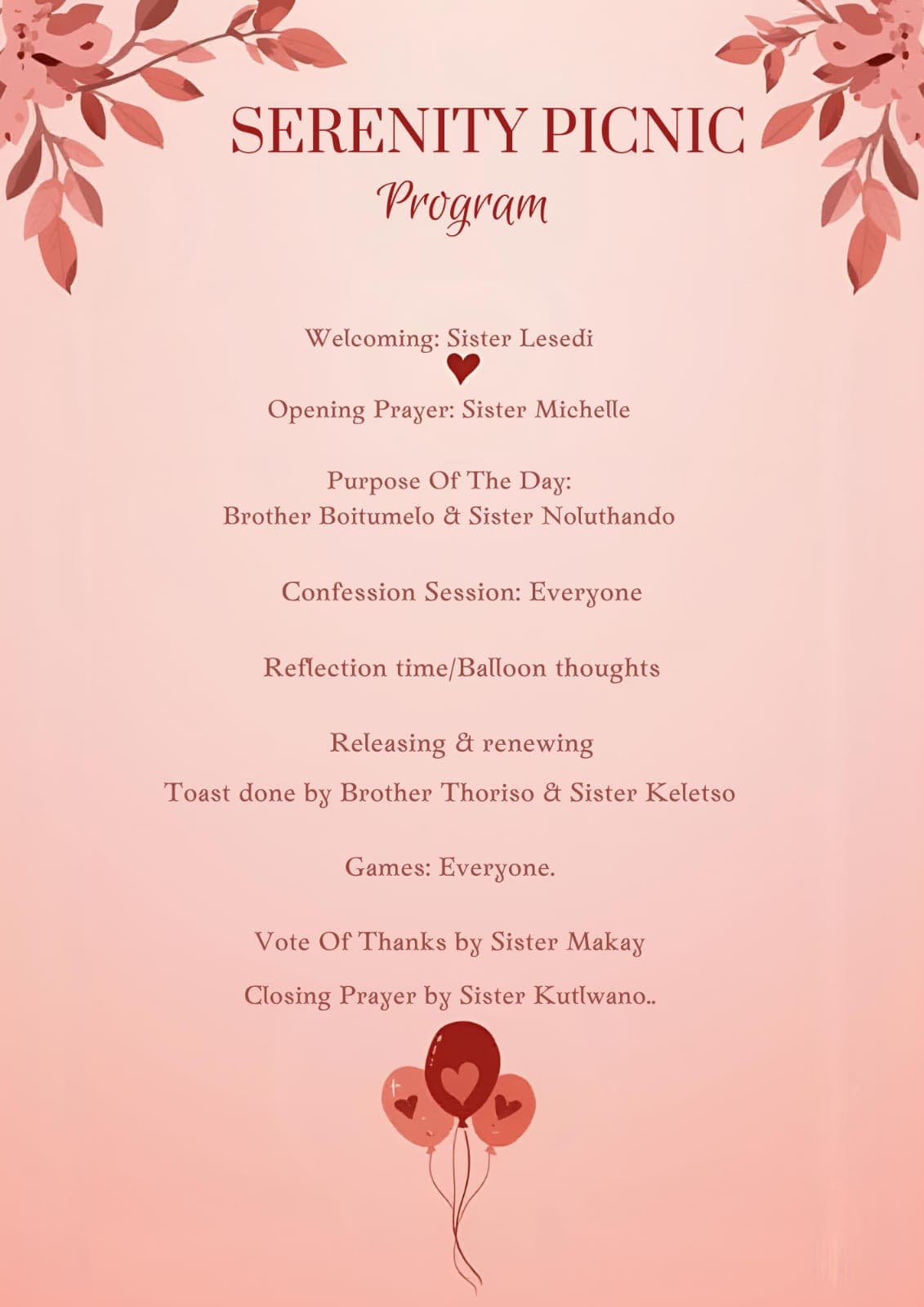 Serenity Picnic Programme